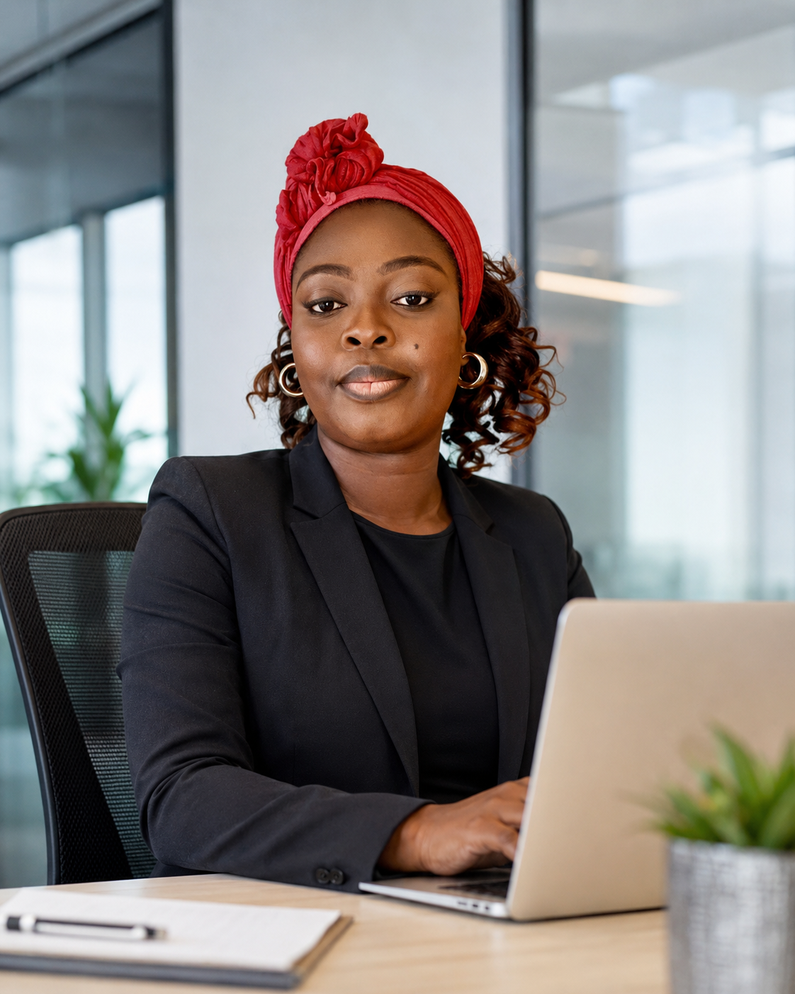 Black businesswoman working on a laptop in a professional office