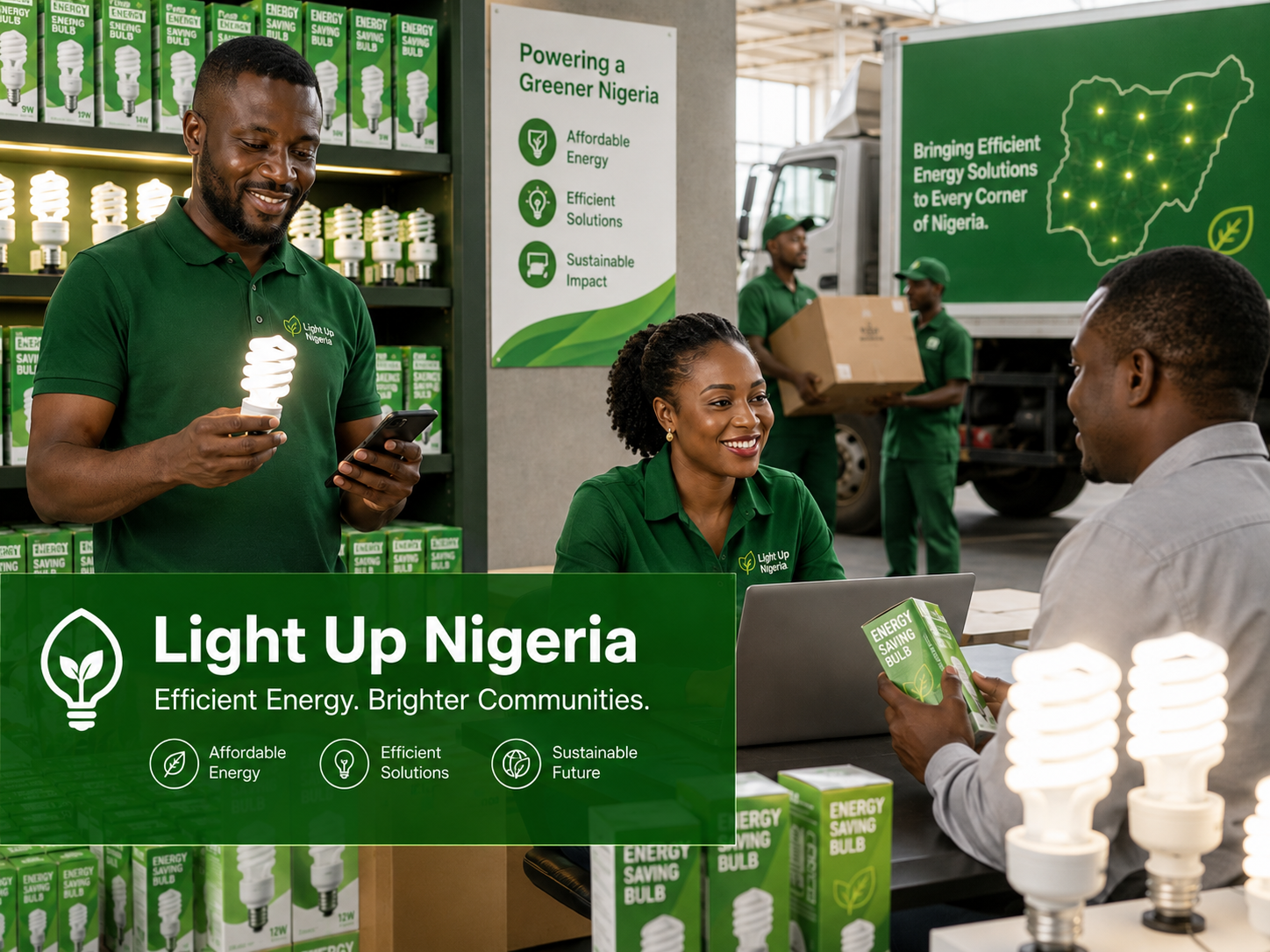Light Up Nigeria clean energy distribution portfolio image with Black professionals