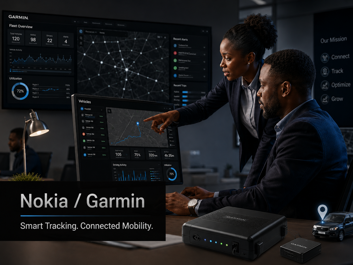 Nokia and Garmin tracking technology portfolio image with Black tech professionals