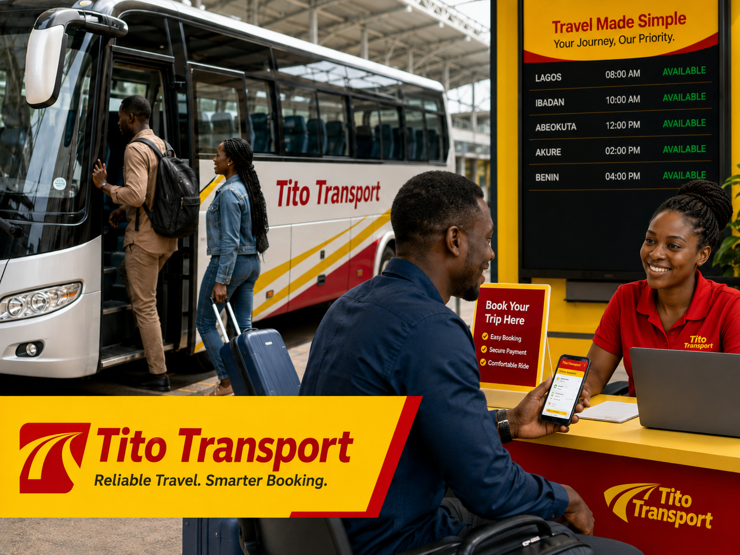 Tito Transport booking platform portfolio image with Black travelers and booking staff